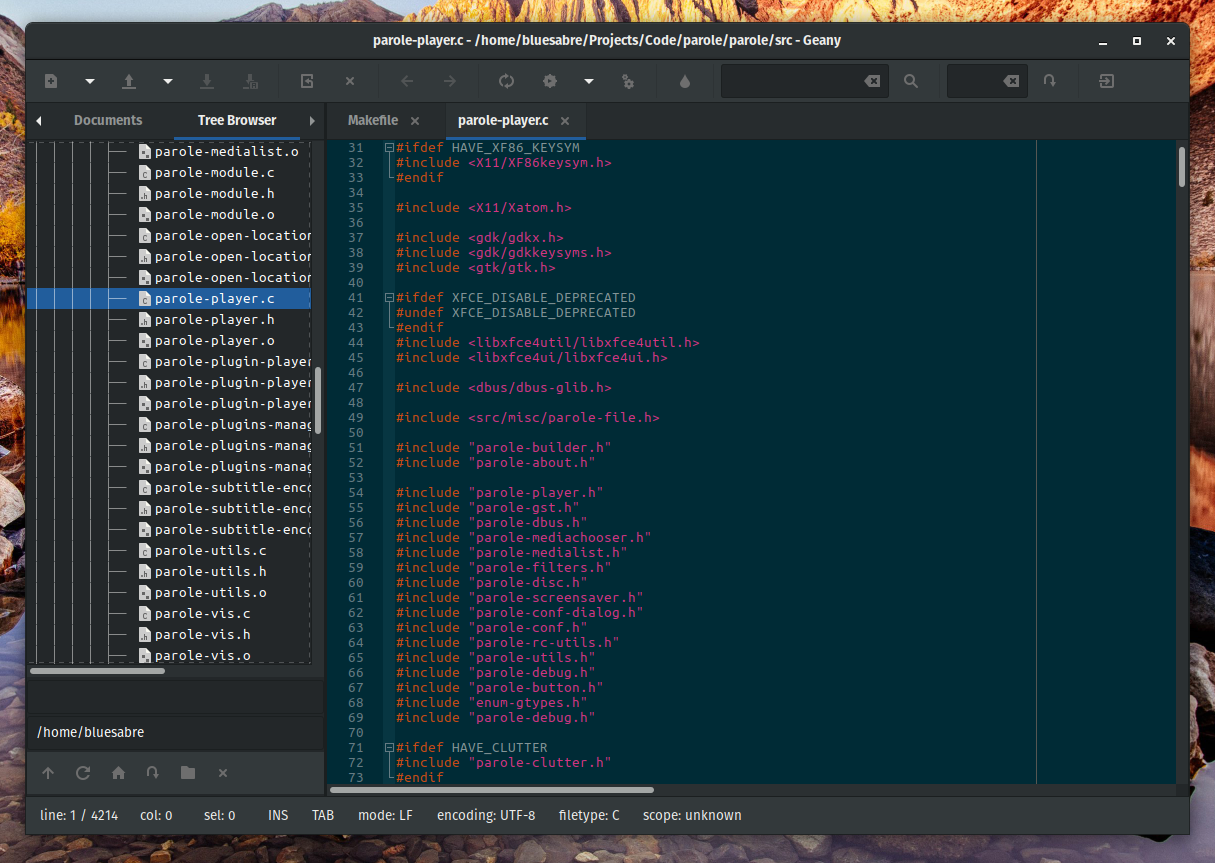 The Geany IDE is shown with the Solarized Dark editor theme and a dark application theme.