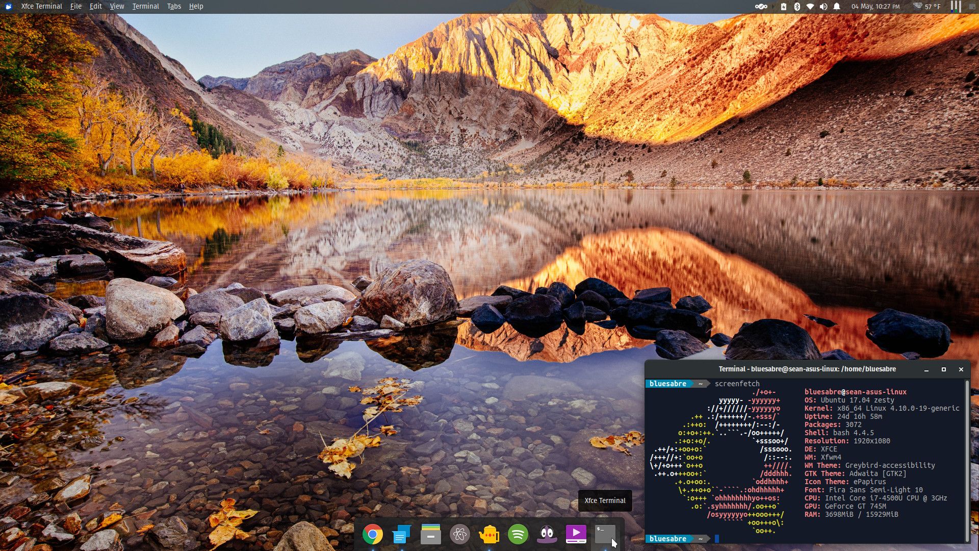 Xubuntu 17.04, highly customized with plugins, themes, a beautiful wallpaper, and a dock.