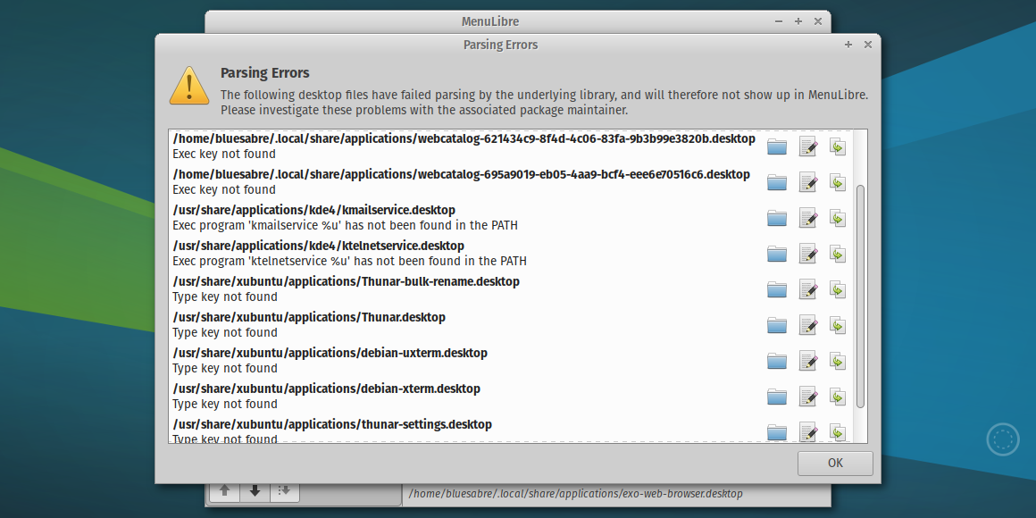 The Parsing Errors dialog provides an overview of any incorrectly configured application launchers.