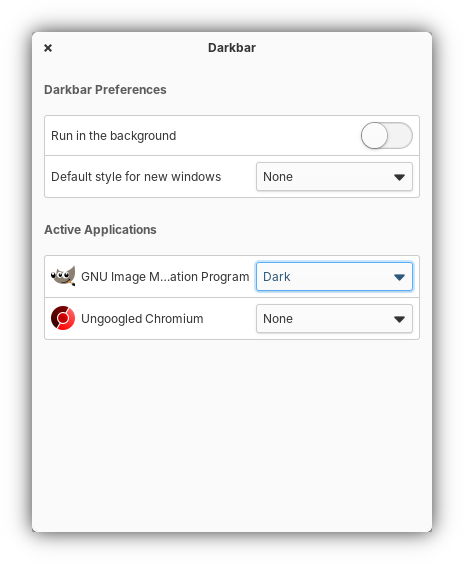 A screenshot of the Darkbar application window.