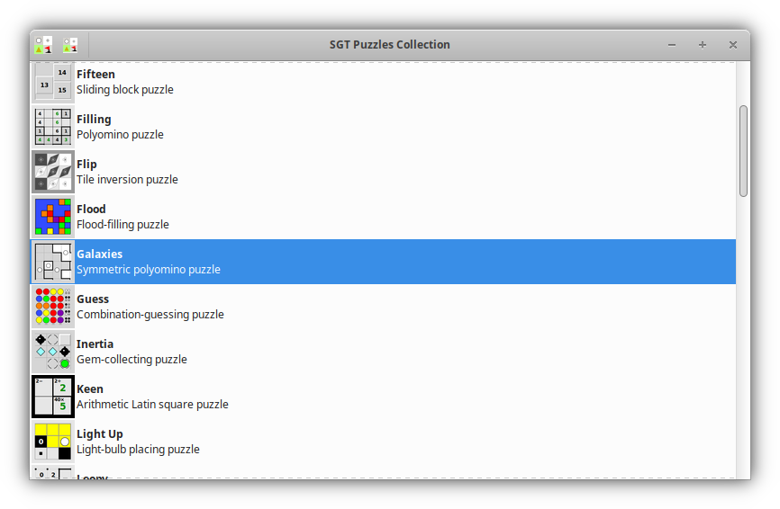 A screenshot of the SGT Puzzles Collection application window.