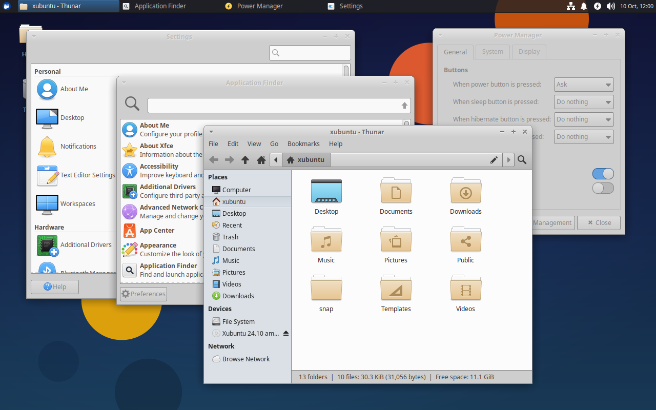 Xfce 4.19 apps on display. From the left: Settings, App Finder, Thunar, Power Manager