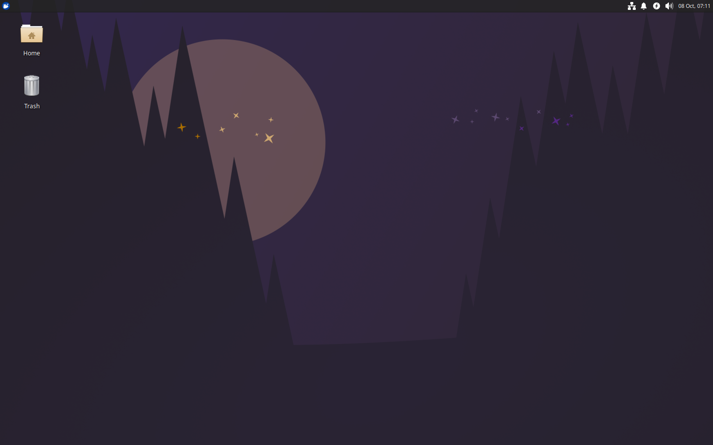 Xubuntu 25.10 wallpaper. A stylized, dark-purple night scene with a pale moon framed by the silhouettes of jagged forest trees. Tiny star-like clusters of yellow and purple light are scattered in the sky.