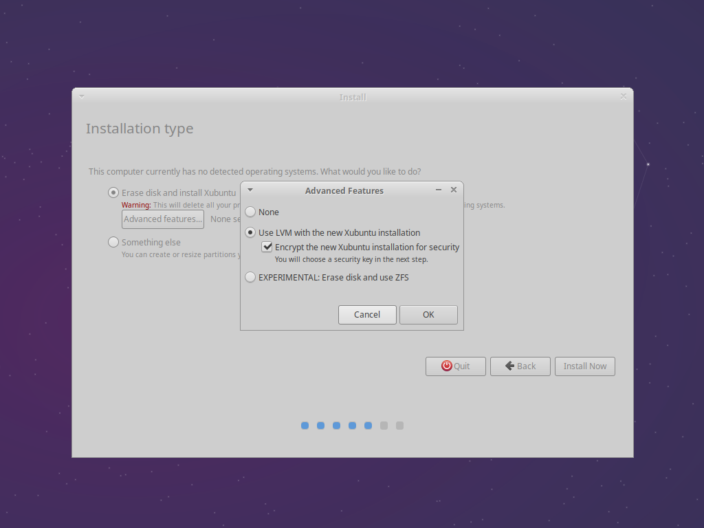 Advanced features include LVM, encryption, and the experimental ZFS option.