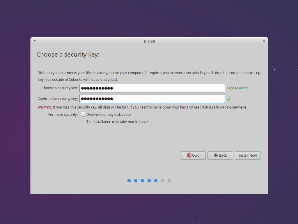 Disk encryption is available. Enabling it requires a security key entered each time your computer starts up.