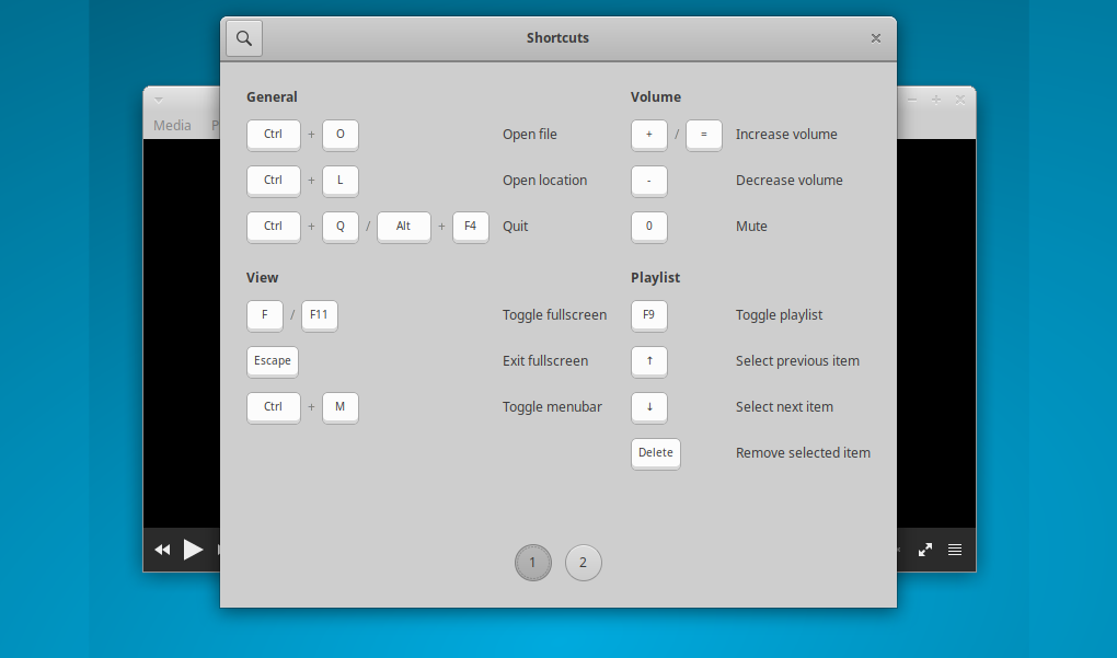 The Shortcuts dialog makes it easy to learn about Parole's keyboard navigation and media playback shortcuts.