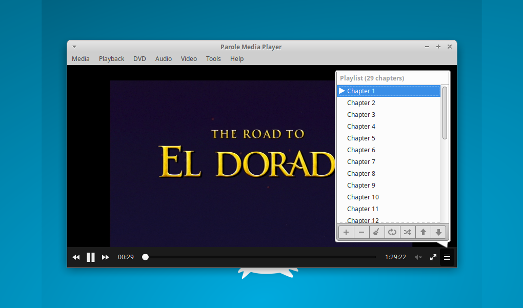 The overlay playlist allows you to select new chapters or jump ahead to a new song without resizing the window.
