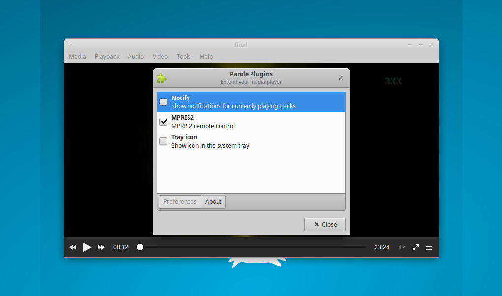 Parole's plugin system includes plugins for track notifications, media player controls, and a persistent tray icon.