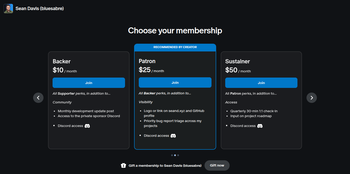 Some of the new membership options available on Patreon and GitHub