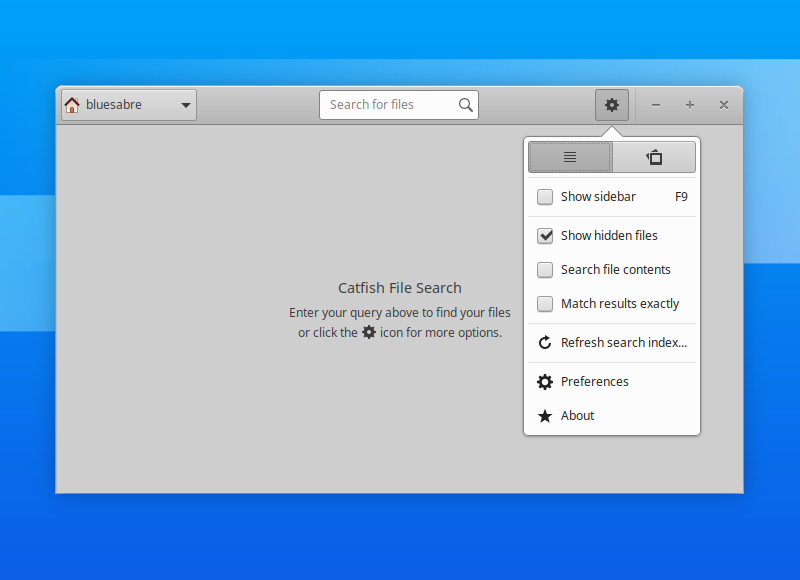 The Catfish application menu, showing the view options and advanced filters