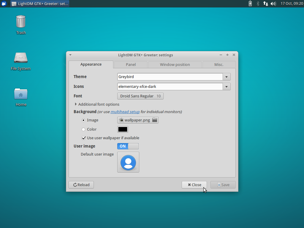 The LightDM GTK Greeter Settings dialog used to configure the greeter.