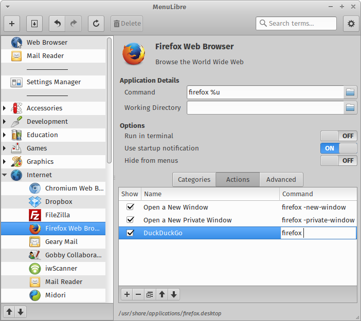 MenuLibre's action editor is the easiest way to add shortcuts to an application launcher.